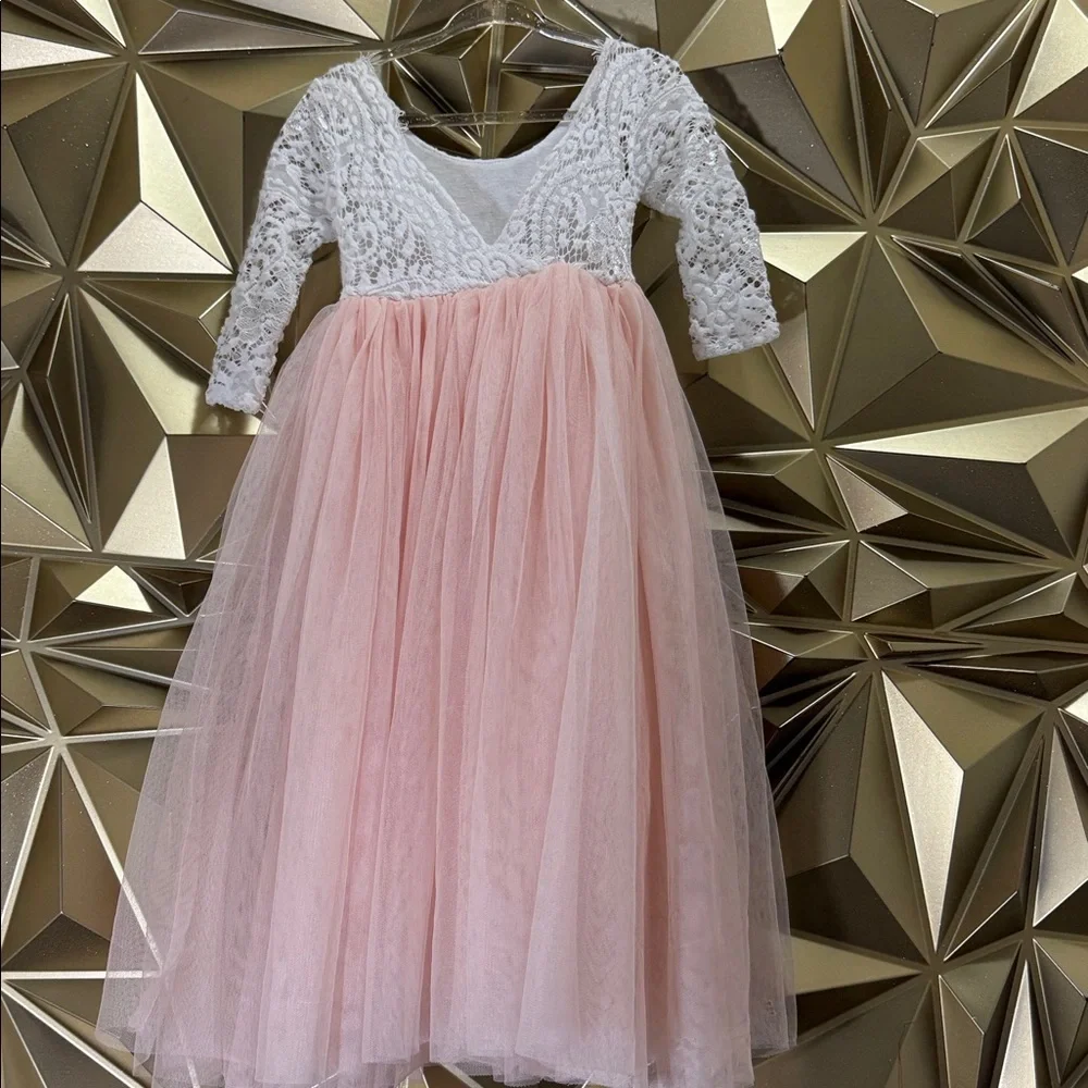 Girls White Lace‎ and Pink Tulle Long Sleeve Flower Girl Special Occasion Dress